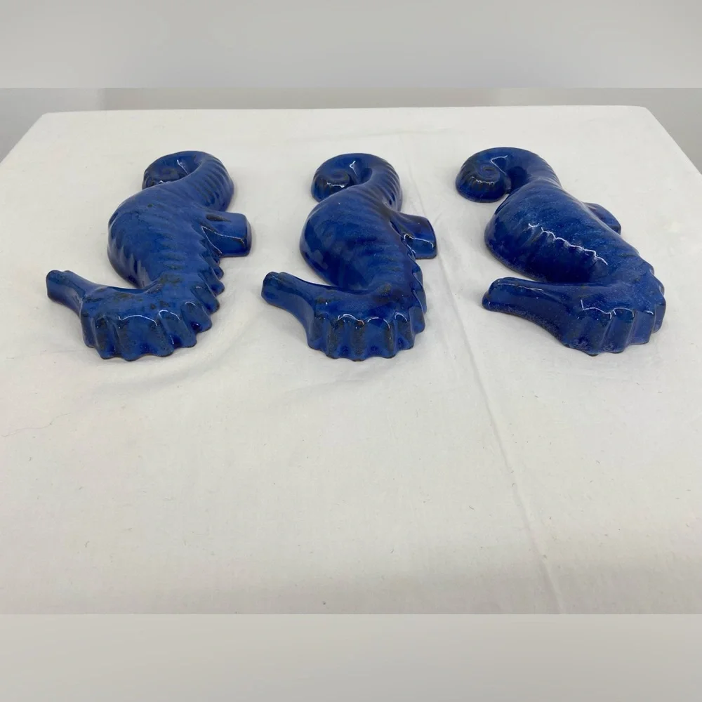 Seahorses Glazed‎ Terracotta Pottery Cobalt Blue 8” Tall